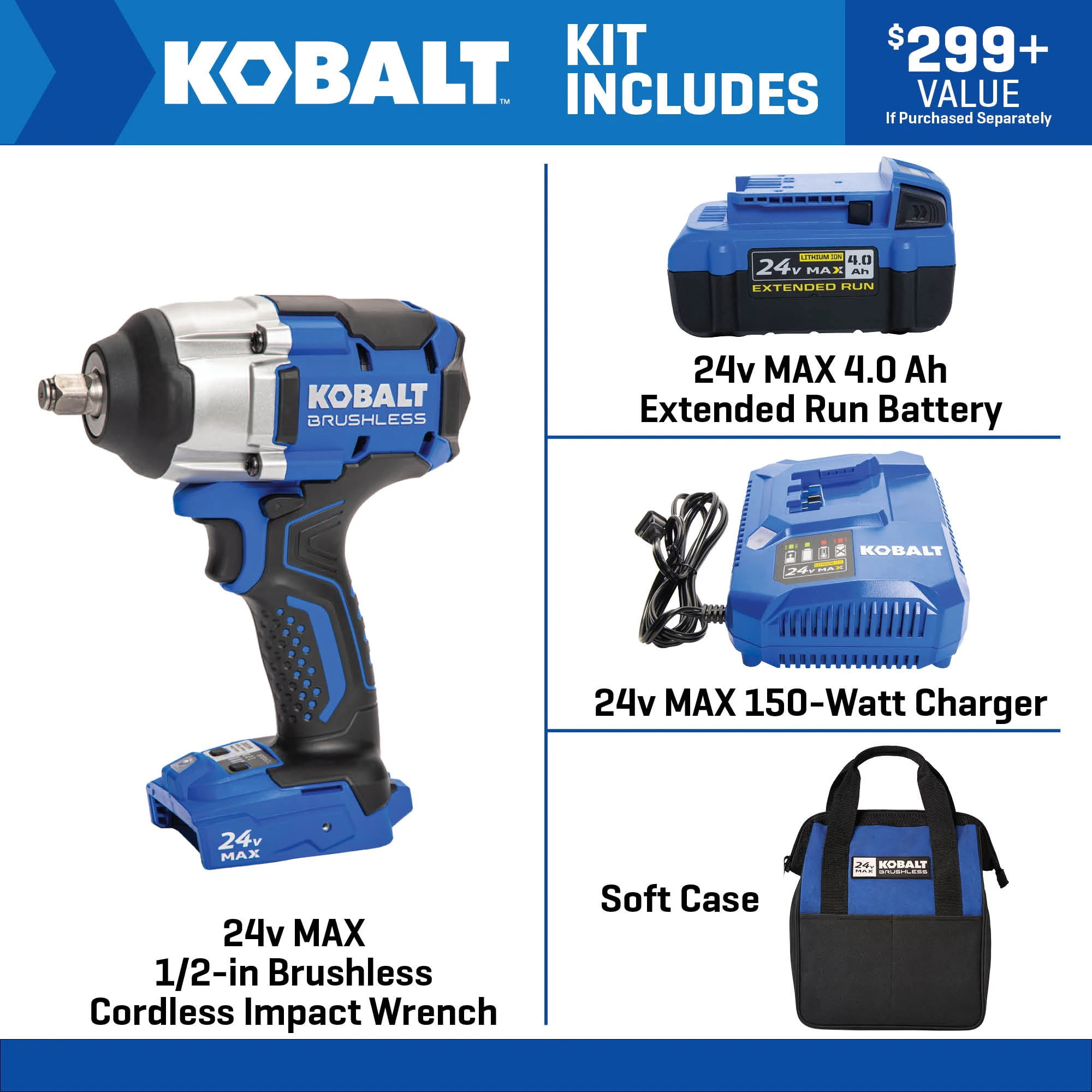 Kobalt Next-Gen 24-Volt Max 1/2-in Drive Brushless Cordless Impact Wrench (4.0Ah Battery & Charger Included)
