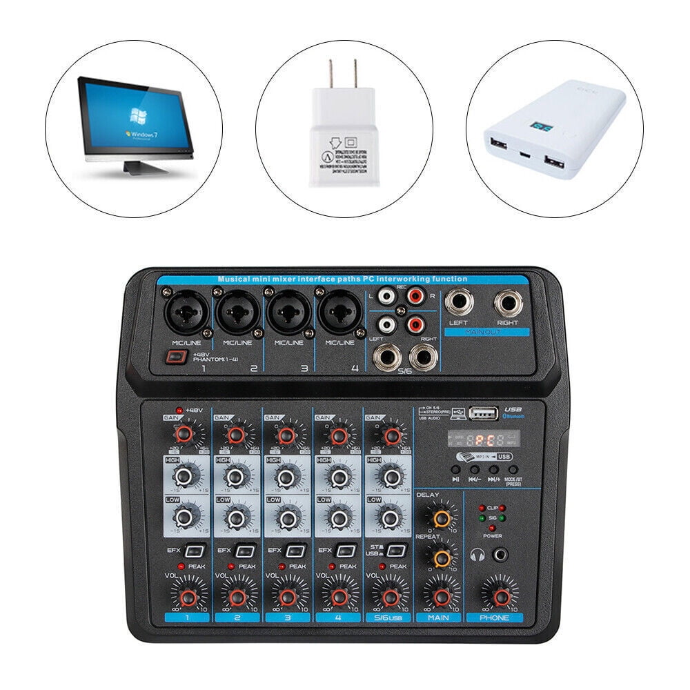 Miumaeov Pro 6-Channel Live Audio Mixer Bluetooth USB DJ Sound Mixing Console Amplifier