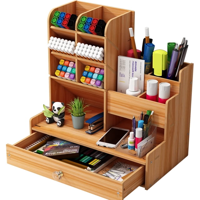 1 organizador de escritorio (madera), organizador de escritorio, almacenamiento de escritorio, caja de almacenamiento, organización de escritorio, organizador, suministros de oficina. Rojo Verde