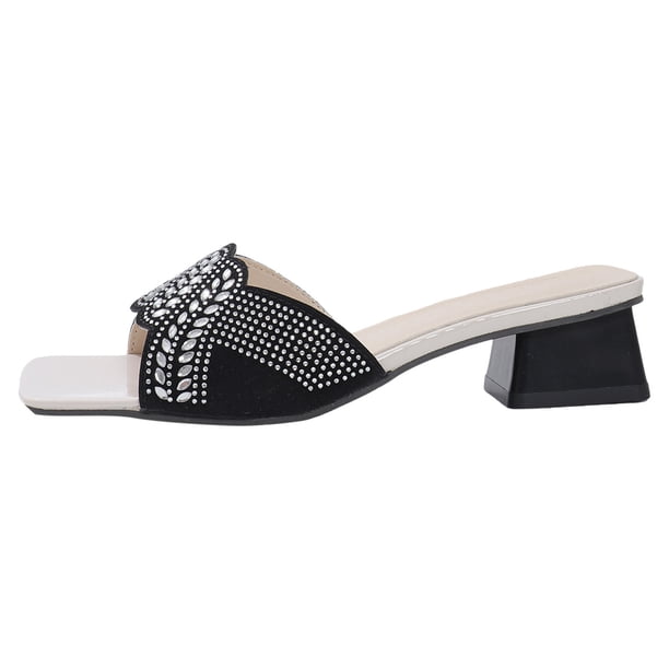 Bmisegm Women Sandals Fashionable New Pattern Bright Diamond Decorative Square Toe Open Toe Breathable Square Heel Comfortable Lightweight Non Slip Summer Casual Shoes Sandals Women Summer Black 9