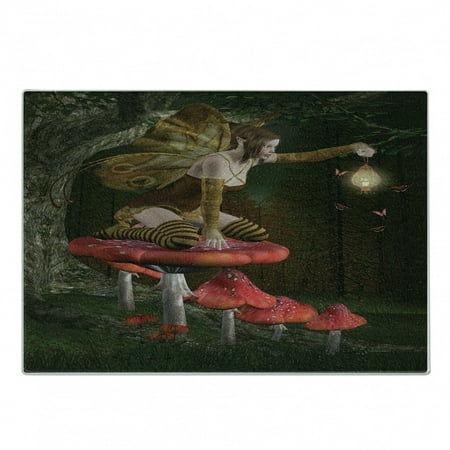 

Fantasy Cutting Board Mythical Creature Sitting on Mushroom Beside an Oak Tree Summer Forest Print Decorative Tempered Glass Cutting and Serving Board Small Size Multicolor by Ambesonne