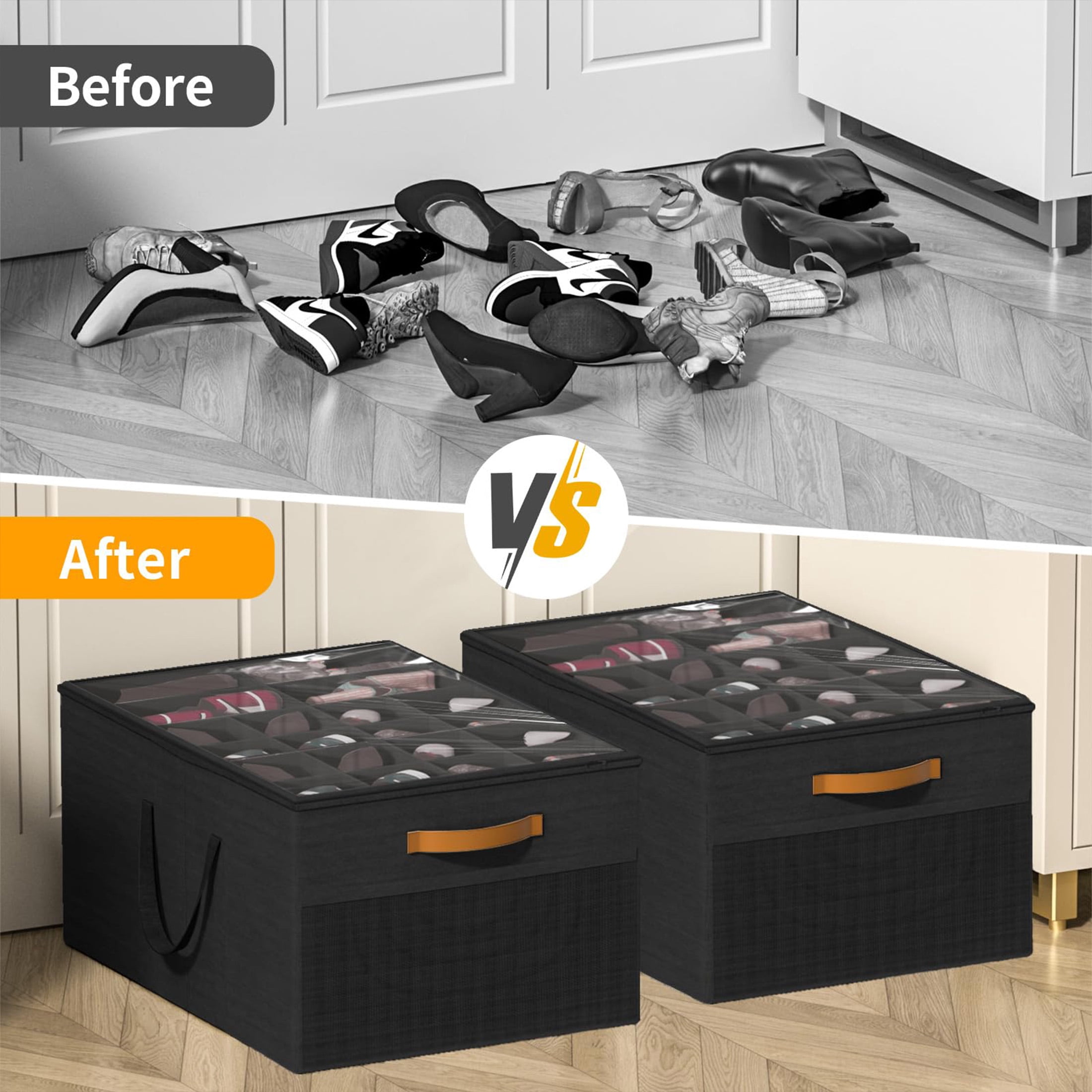 Aokeyee Shoe Shelf, 2 Pack Large Shoe Storage Box Fits up to 24-48 Pairs Foldable with Clear Cover and 4 Reinforced Handles, Black