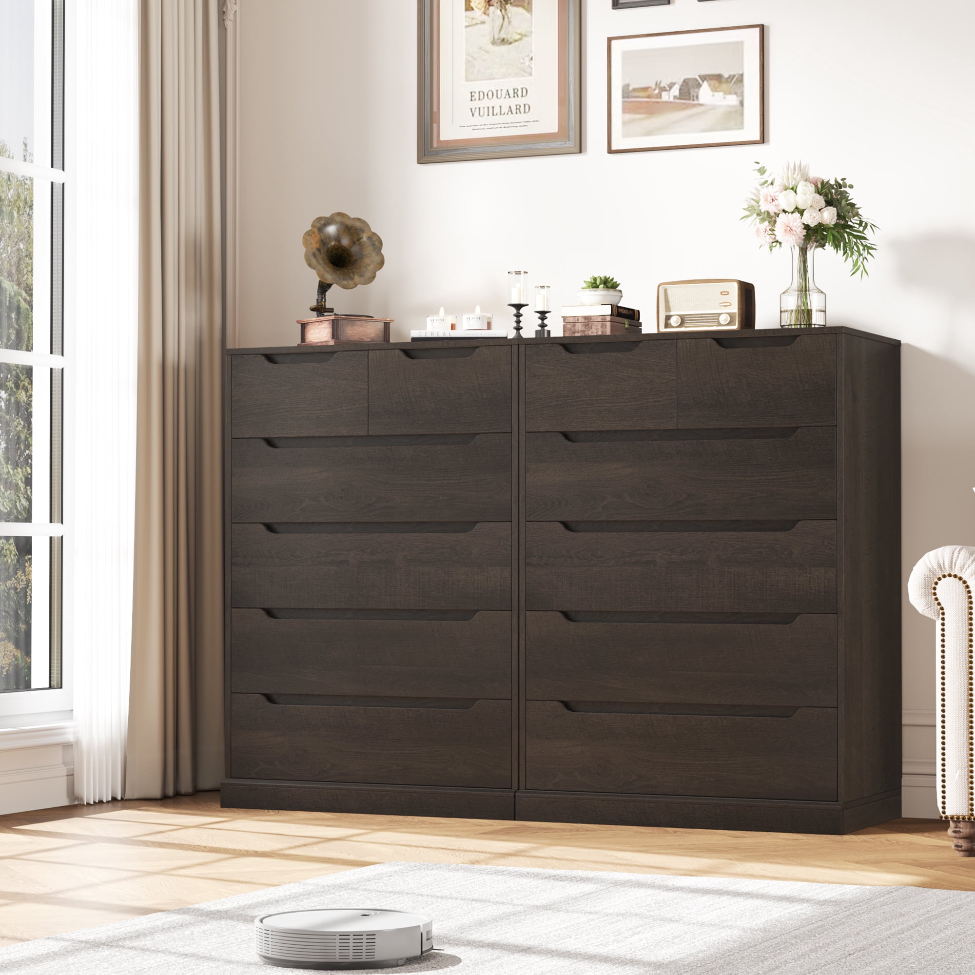 Homfa 6 Drawer Tall Dresser, 43.3" H Wood Storage Cabinet with Upgraded Stable Base Vertical Chest for Bedroom Living Room, Dark Brown