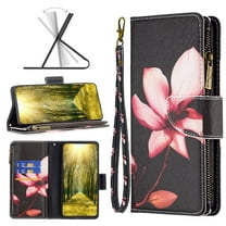 for iPhone 16 Pro Zipper Wallet Case with Credit Card Slots, Floral Flower Pattern PU Leather Flip Cover for Women Girls, Wrist Hand Strap Kickstand Magnetic Clasp Case, Lotus
