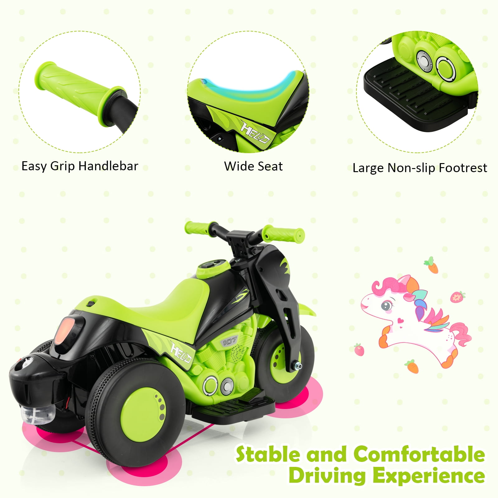 Costway 6V Kids Bubble Car Electric Ride on Motorcycle with Music Button & LED Headlight Green