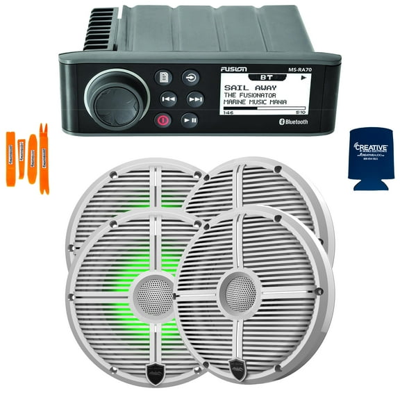 Fusion MS-RA70 Marine AM/FM/BT Stereo with 2 Pairs Wet Sounds RECON 6-XWW RGB High Output 6.5" RGB Lighting Marine Coaxial Speakers, White Grill