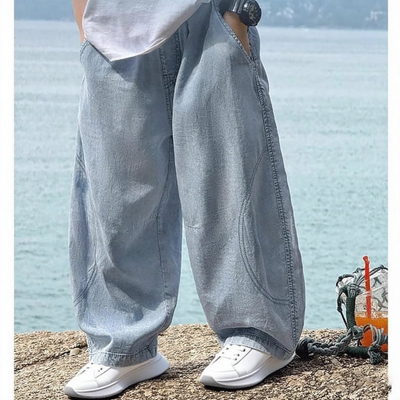 GiLiling Baggy Jeans for Boys, Wide Leg Elastic Waist Y2K Vintage Wash Denim Pants, Loose Cargo Street Style with Pockets (Light Blue, 18-24 Months)