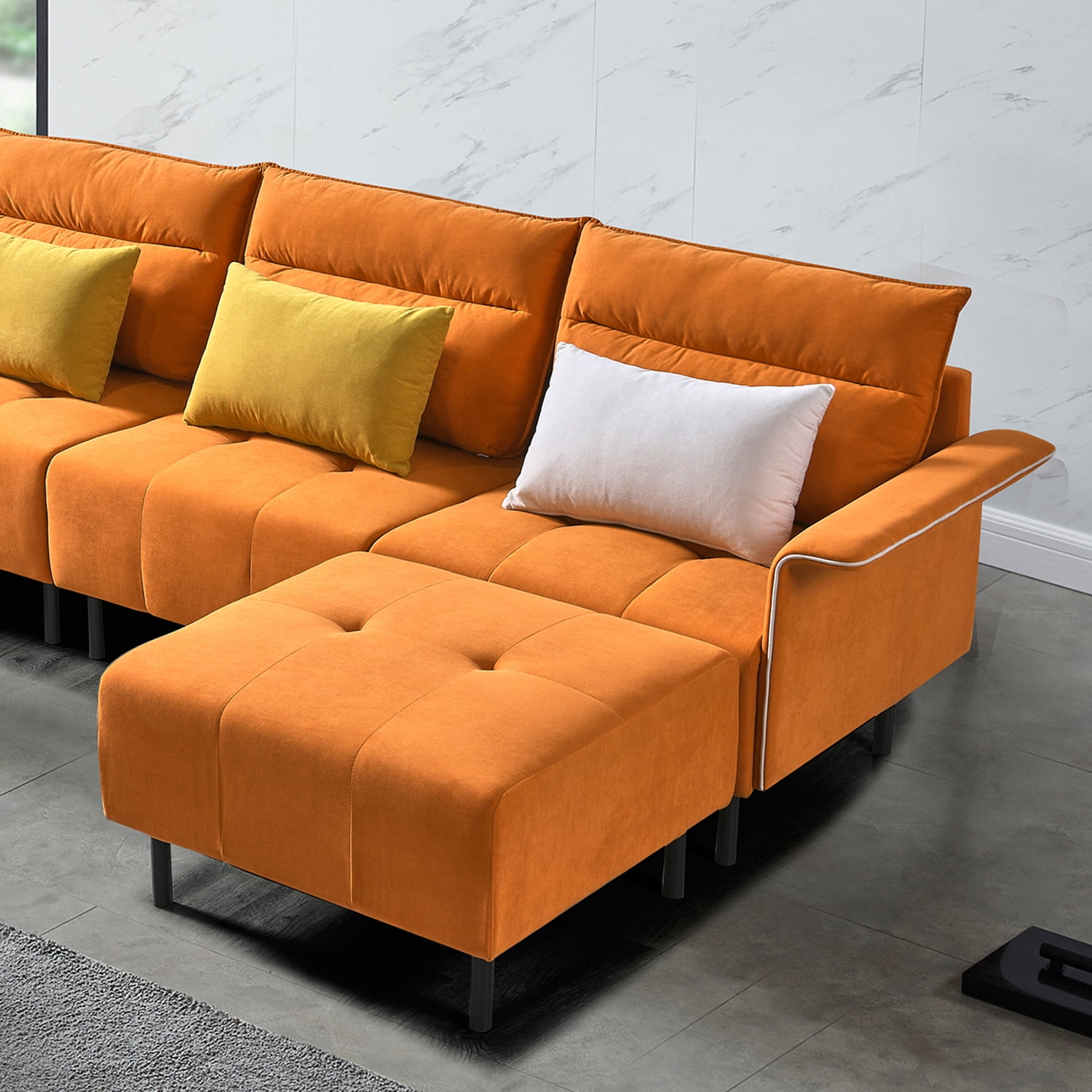 Kadyn U-Shaped Sectional Sofa, Convertible Modular Sectional sofa with 2 Removeable Ottoman and 4 Pillows, Reversible Sectional Couch for Living Room, Orange