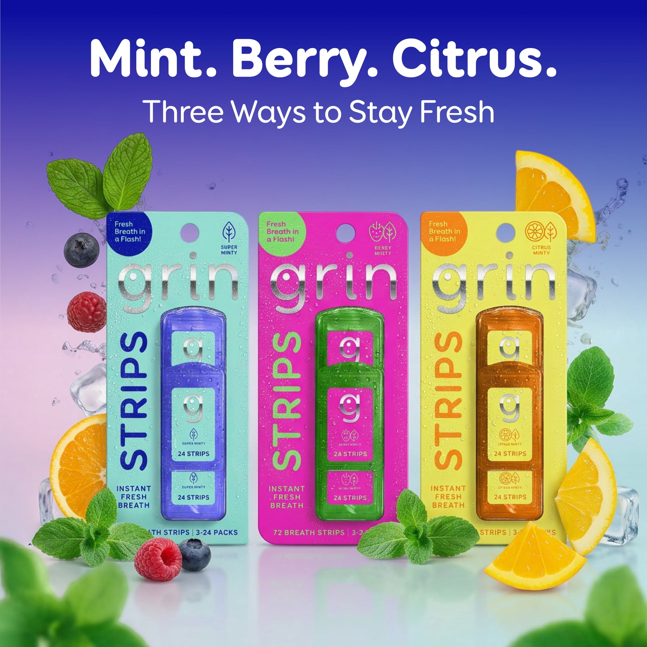 Grin Strips Breath Strips, Super Minty, Instant Fresh Breath, Dissolves Instantly on Your Tongue, Sugar-free and Calorie-free, No Artificial Colors, 72 Breath Strips (3-24 Packs), Pocket-Sized Pack