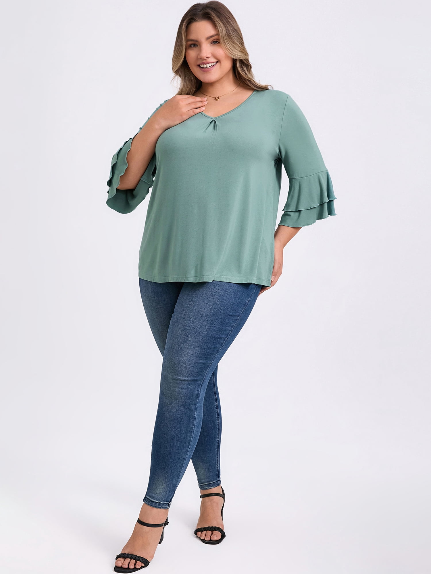 DARING DIVA Women's Plus V Neck Ruffle 3/4 Sleeve Pleated Front Casual Blouse 3X Green