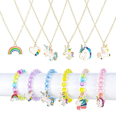 Abaima 12 Pcs Necklaces Bracelets Set,Girl Play Jewelry with Cute Multicolor Unicorn Heart Star Rainbow Charms Kids Gift Toy Party Favors Pretend Play Dress up Toys