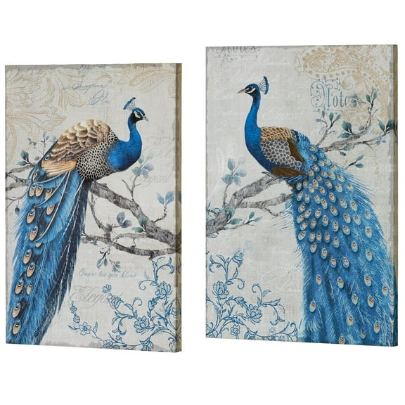 Magnificent Peacock Giclee Canvas Wall Art Set with Bead Details Blue Set of 2