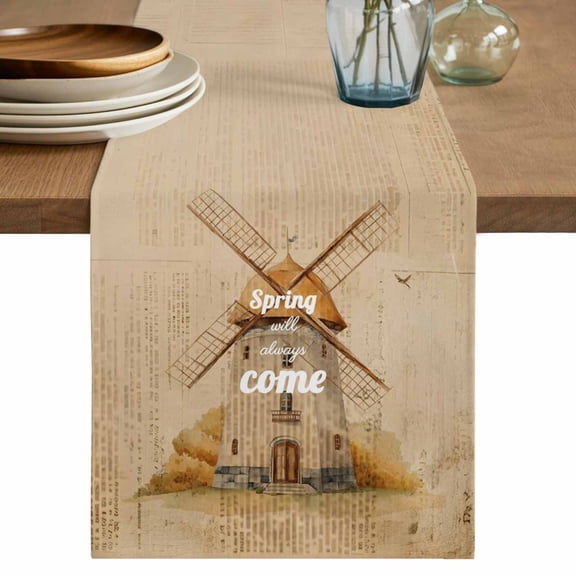 Brown Windmill Vintage Table Runner 72 Inches, Spring Will Always Come Farmhouse Bed Runner Dresser Scarves Tabletop for Indoor Outdoor Parties/Ceremony/Banquet, 16" x 72"