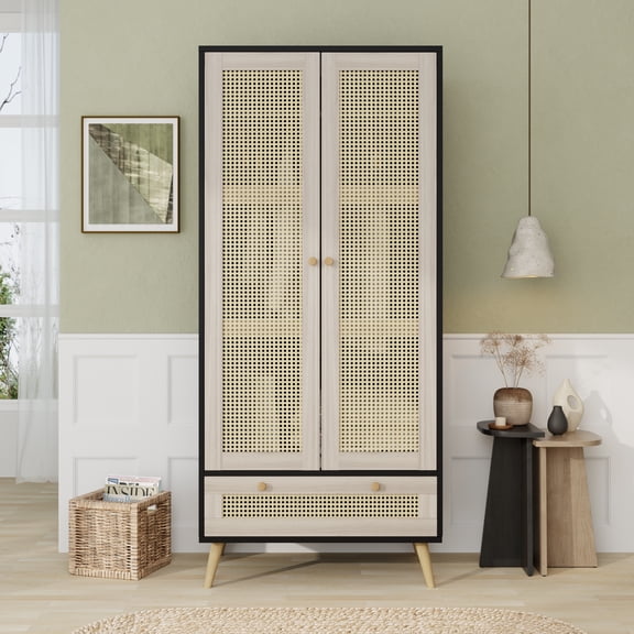 70.8" Tall Armoire Wardrobe Closet With 2 Rattan Doors & 1 Drawer, Boho Wooden Clothes Storage Cabinet With Hanging Rod For Bedroom, Natural Black
