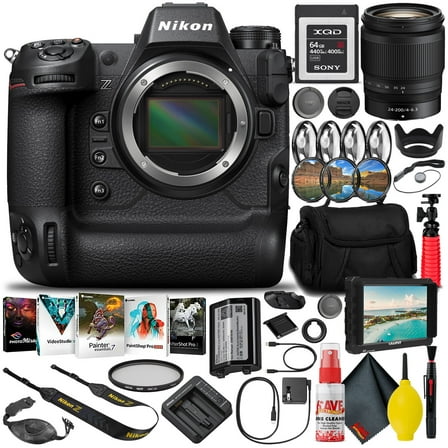 Nikon Z9 FX-Format Mirrorless Camera Body (1669) (Intl Model)   24-200mm F/4-6.3 VR Lens   64GB XQD Memory Card   7" HD Monitor   Editing Software   Camera Bag   Pro Filter Kit   12" Tripod