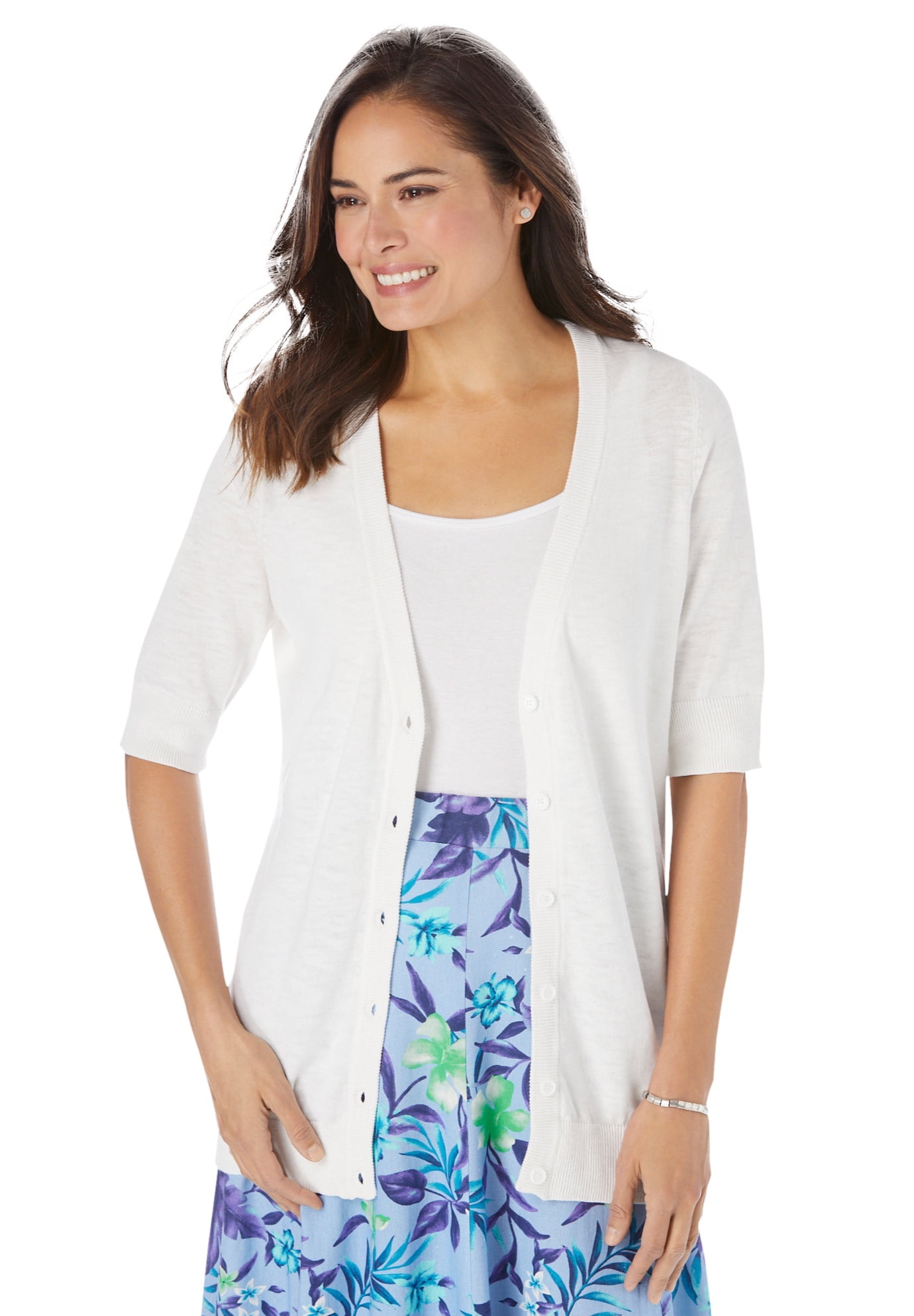 woman within short sleeve cardigan