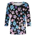 thumbnail image 7 of JTZGDY Women's 3/4 Length Sleeve Tops Dressy Casual Ruched Pleated Blouses Cute Floral Printed Crewneck Graphic T-Shirts Loose Curved Hem Tunic Fall Outfit Tshirts Clothes Navy#04 XL, 7 of 7