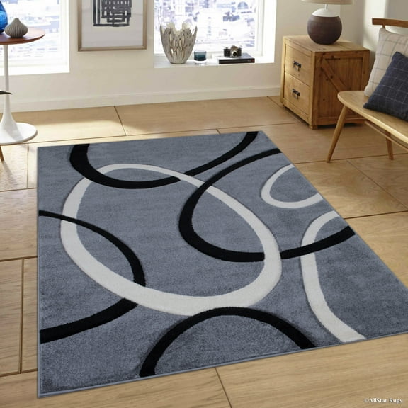 Allstar Grey Modern Geometric Black circle design Area Rug (5' 2" x 7' 2")