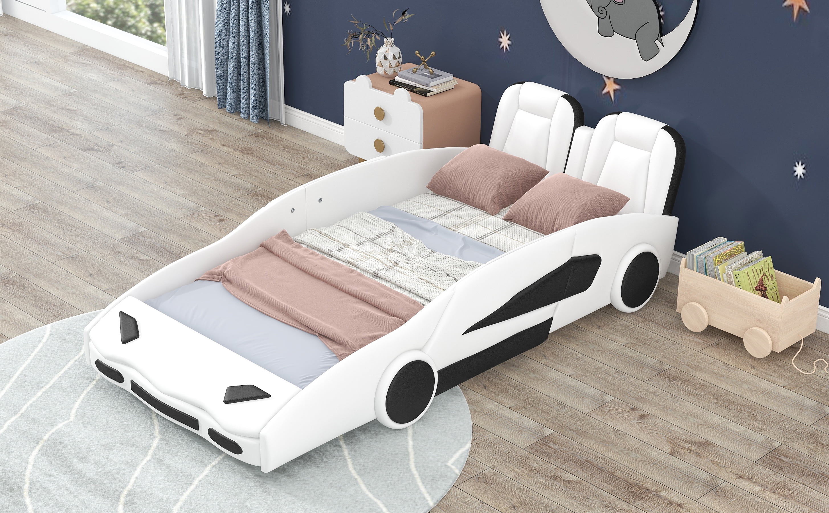 Euroco Modern Wood Race Car-Shaped Twin Platform Bed for Kids Teens Bedroom, Upholstery Car Bed for Kids Gift, White