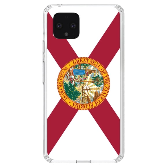 DistinctInk Clear Shockproof Hybrid Case for Google Pixel 4 (5.7" Screen) - TPU Bumper, Acrylic Back, Tempered Glass Screen Protector - Florida State Flag - US State Flag