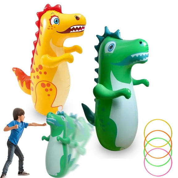 2 Pack Inflatable Punching Bag,4 Rings Ring Toss,Portable Inflatable Dinosaur Sandbag,Boxing Bag for Entertainment Boxing Training Game,38 in Tall,Green and Yellow