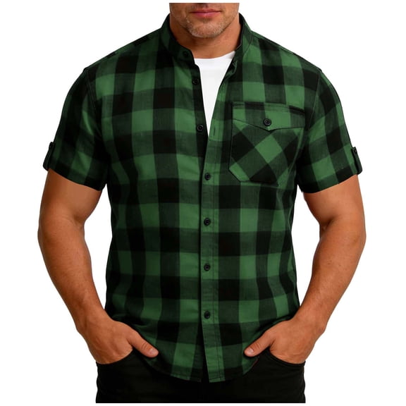 ZUKMRJPC Mens Short Sleeve Button Down Shirt Stand Collar Classic Plaid Casual Shirts Lightweight Loose Work Shirts with Pocket