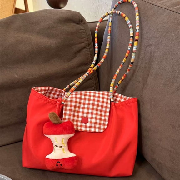 NWOKYZGH Gingham Tote Bag Canvas Cute Plaid Tote with Apple Pendant, Lightweight Shoulder Bag, Gingham Large Capacity Beach Handbag