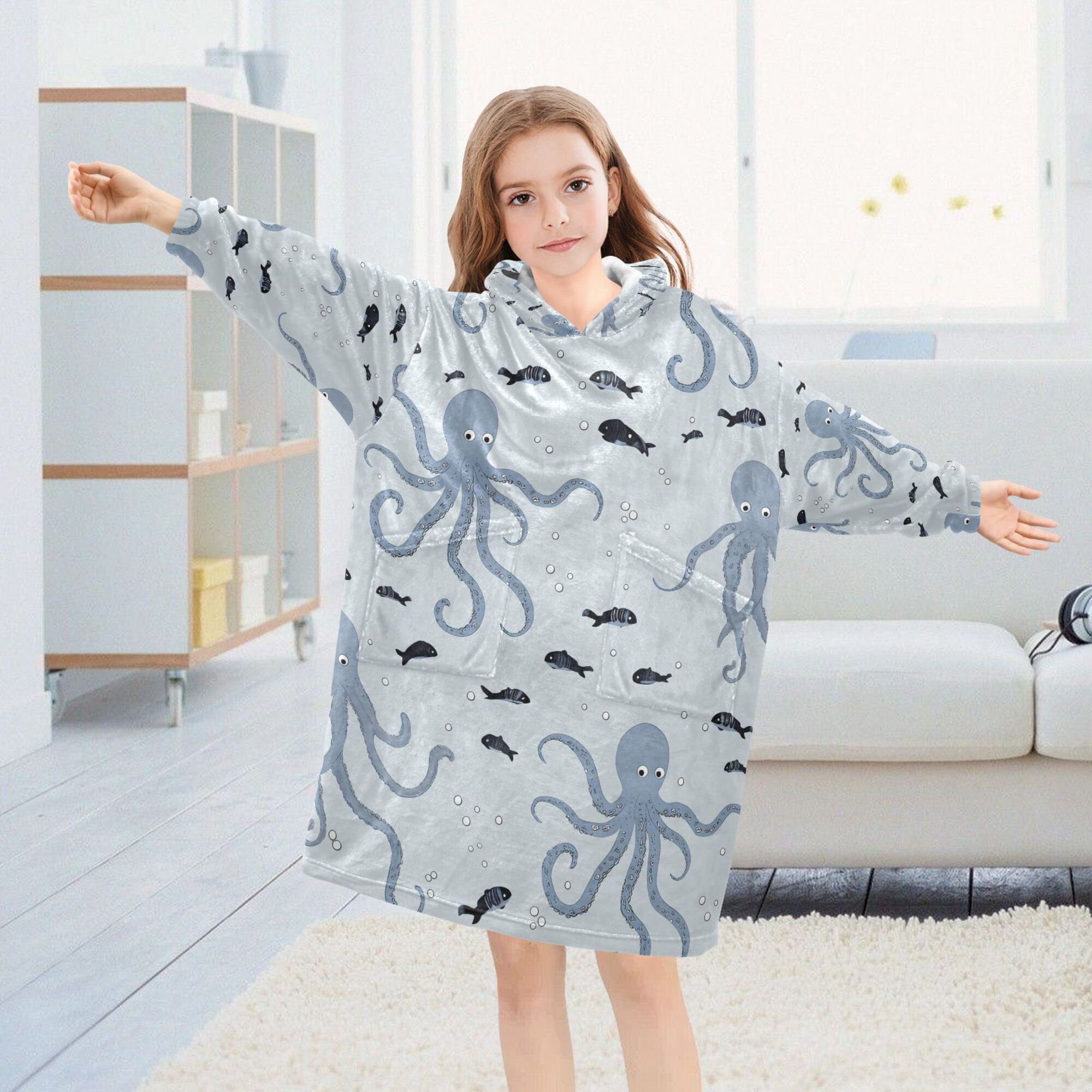 FORMRS Wearable Blanket Hoodie with Sleeves for Kids Cozy Flannel Sweatshirt, Blue Octopus Pattern