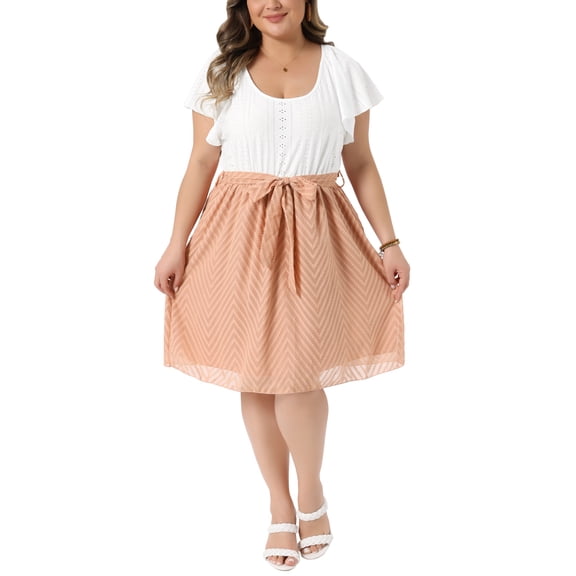 Agnes Orinda Women's Plus Size Easter Dress Eyelet Swiss Dots Crew Neck Ruffle Sleeve Summer A-Line Dresses Belted 2X White