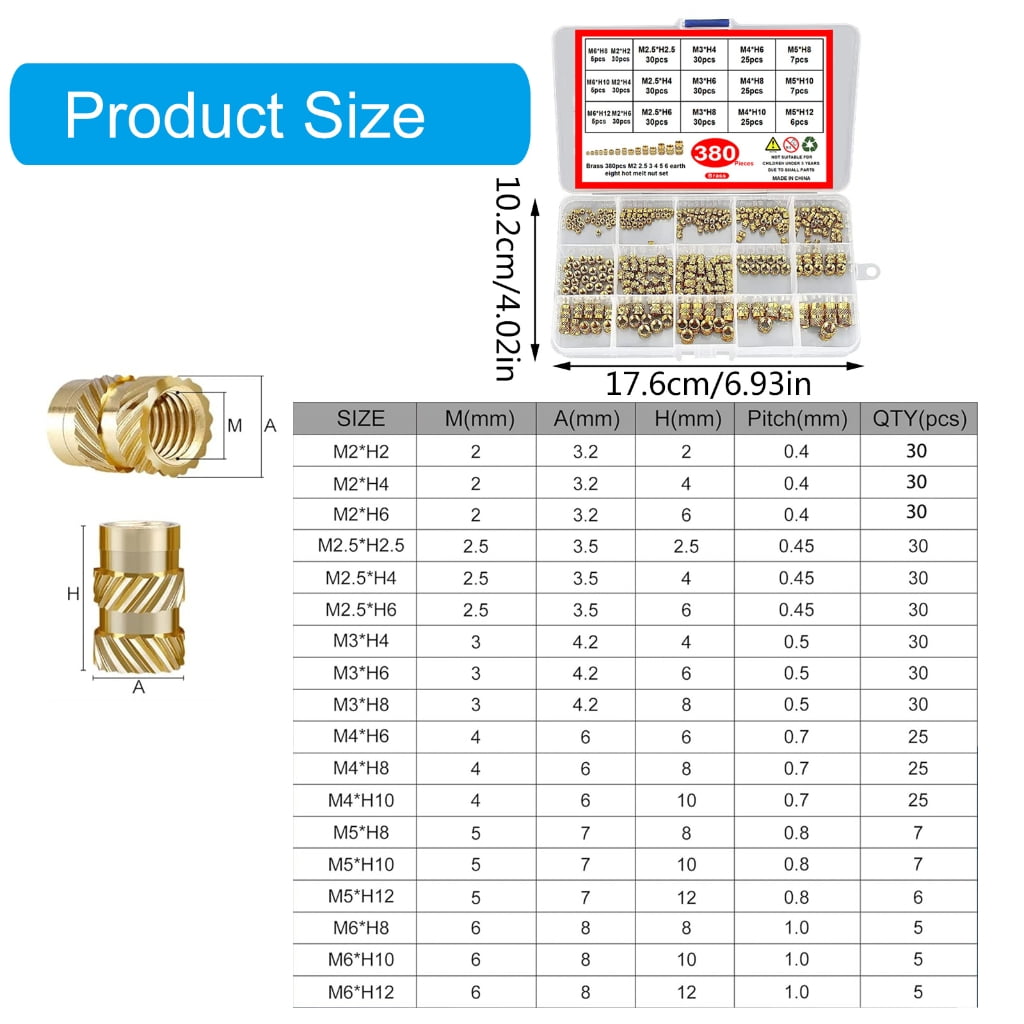 JZROCKER 380Pcs Threaded Inserts 2/2.5/3/4/5/6mm Knurled Nut Brass Embedding Nut