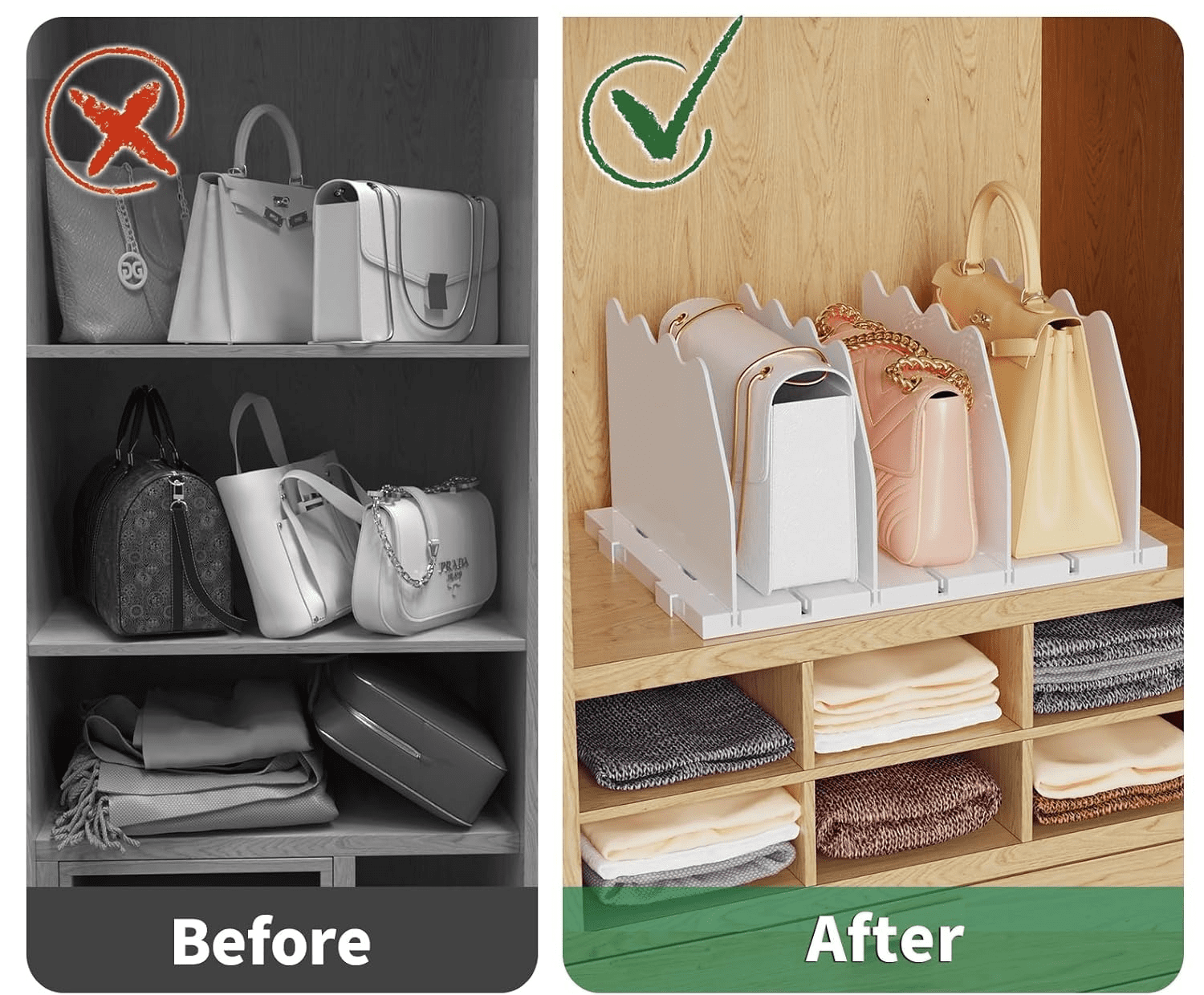 LLMRR Closet Organizers and Storage, Purse Organizer for Closet, Closet Shelf Organizer, Shelf Dividers for Closet Organization, Storage for Purses in Closet, Handbag Storage Organizer, White, 2 Pack