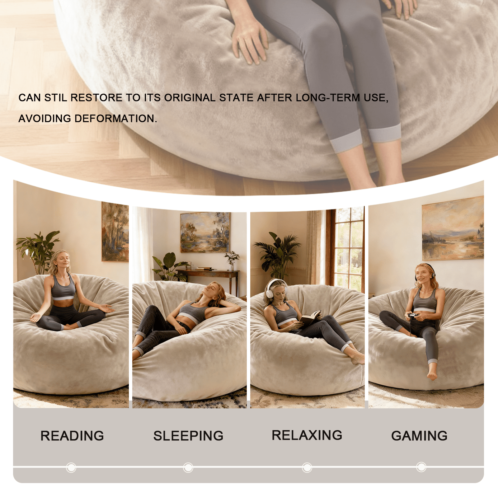 Sanae 4FT Bean Bag Chair for Adults, Memory Foam Filler with Removable Washable Flannel Cover, Lazy Sofa for Living Room, Apricot