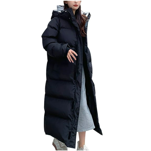 HTNBO Full Length Down Jackets for Women Long Puffer Jackets Winter Down Coats Long Sleeves Quilted Hooded Warm Parka