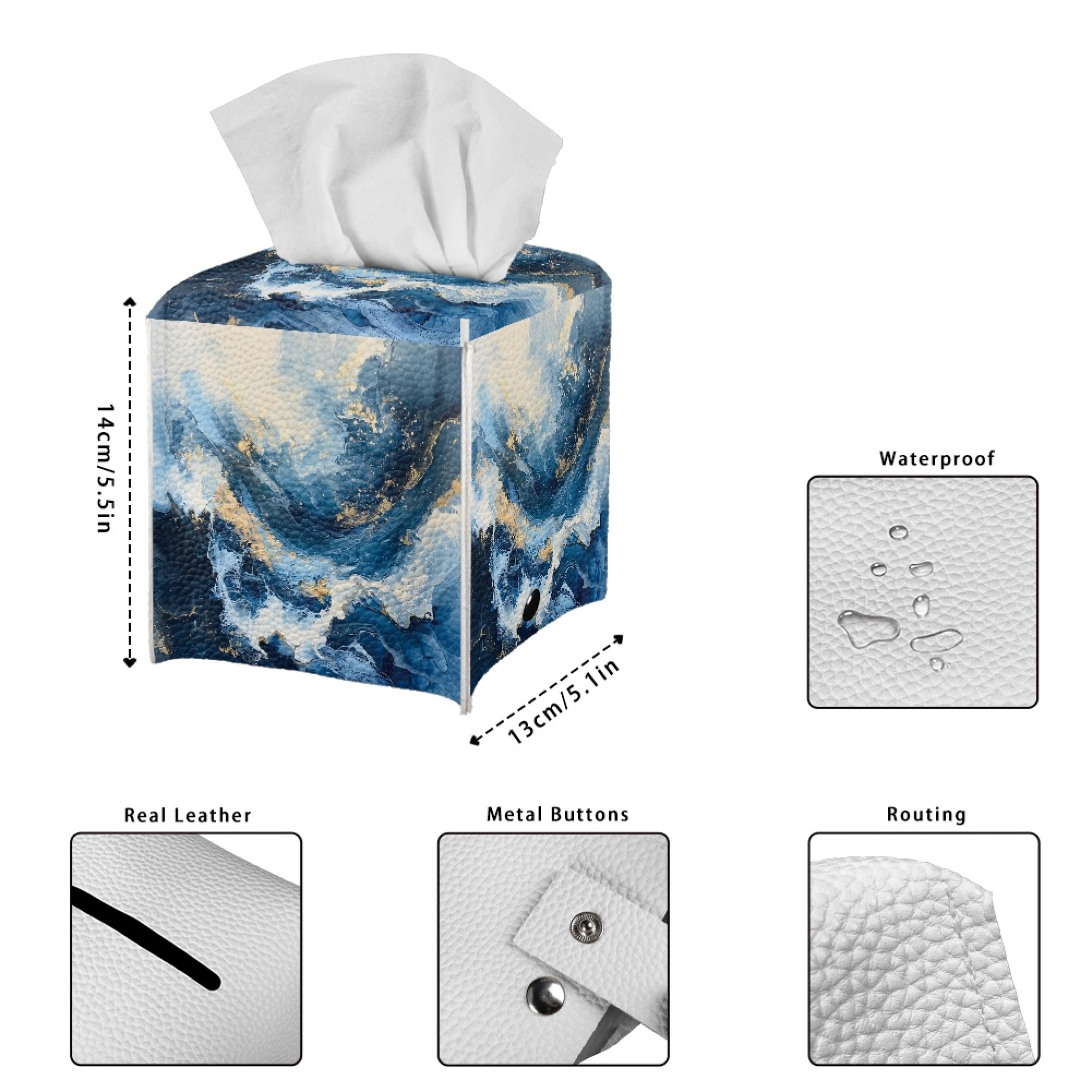 ZIATUBLE Blue Marble Stripes Leather Tissue Box Covers Square