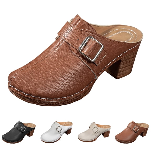 Modstep Women Leather Mules Closed Toe Chunky Heel Sandals Wide Widths Low Block Heels Clog Ladies Comfortable Walking Shoes size 9.5 Beige