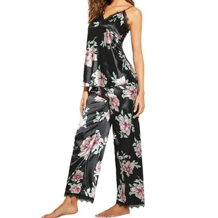 

Women 2PCS Pajama Set Loose Floral Sling V-Neck Lace Top Long Elastic Band Pants