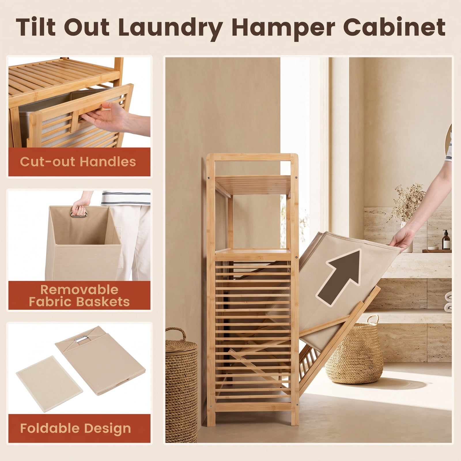 Vebreda Laundry Hamper with 2 Removable 7-Gallon Baskets, Double Tilt-Out Laundry Hamper Cabinet with 2 Open Shelves, Natural Bamboo