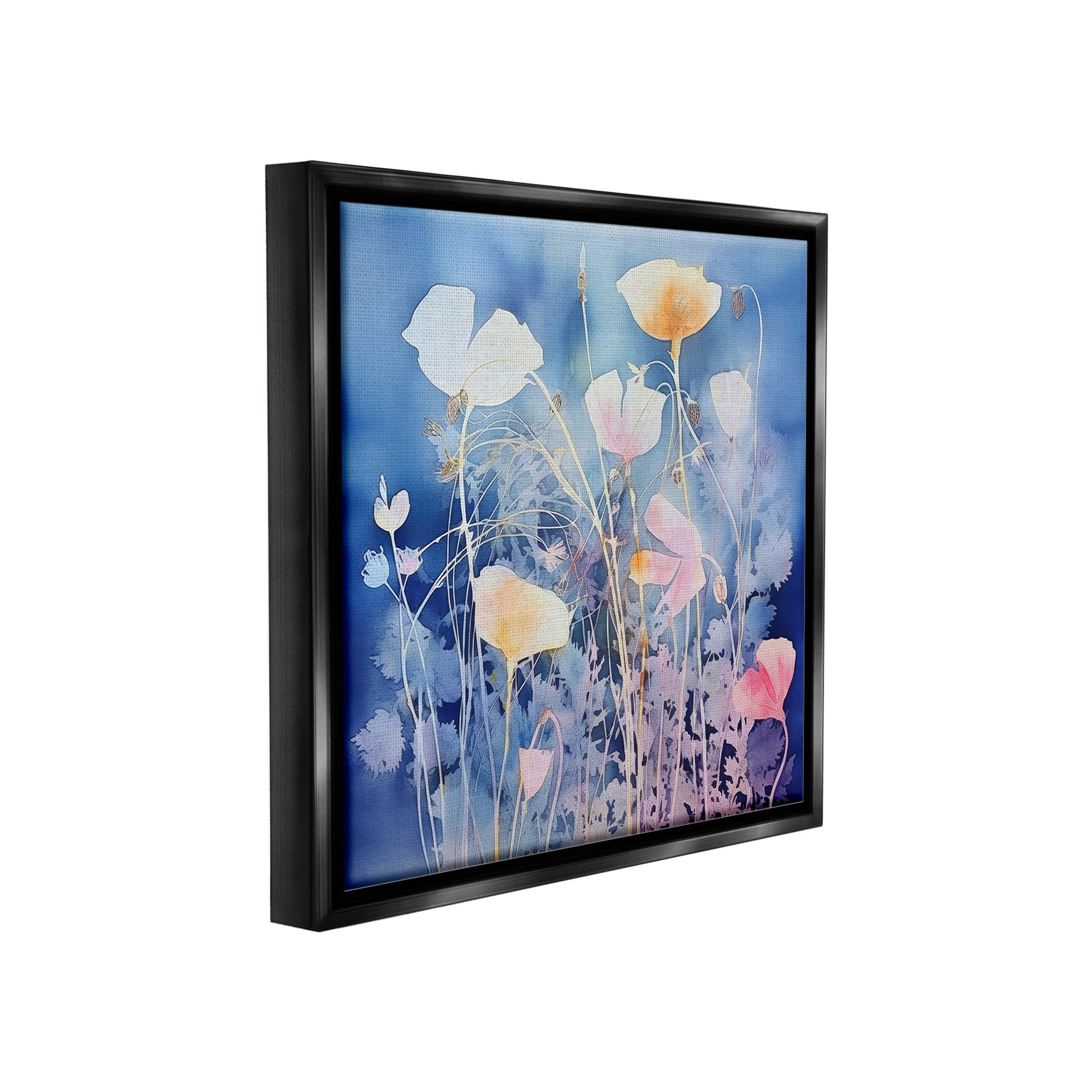 Stupell Industries Tranquil Blue Florals Botanical & Floral Painting Black Floater Framed Canvas Art Print Wall Art, 18 x 18