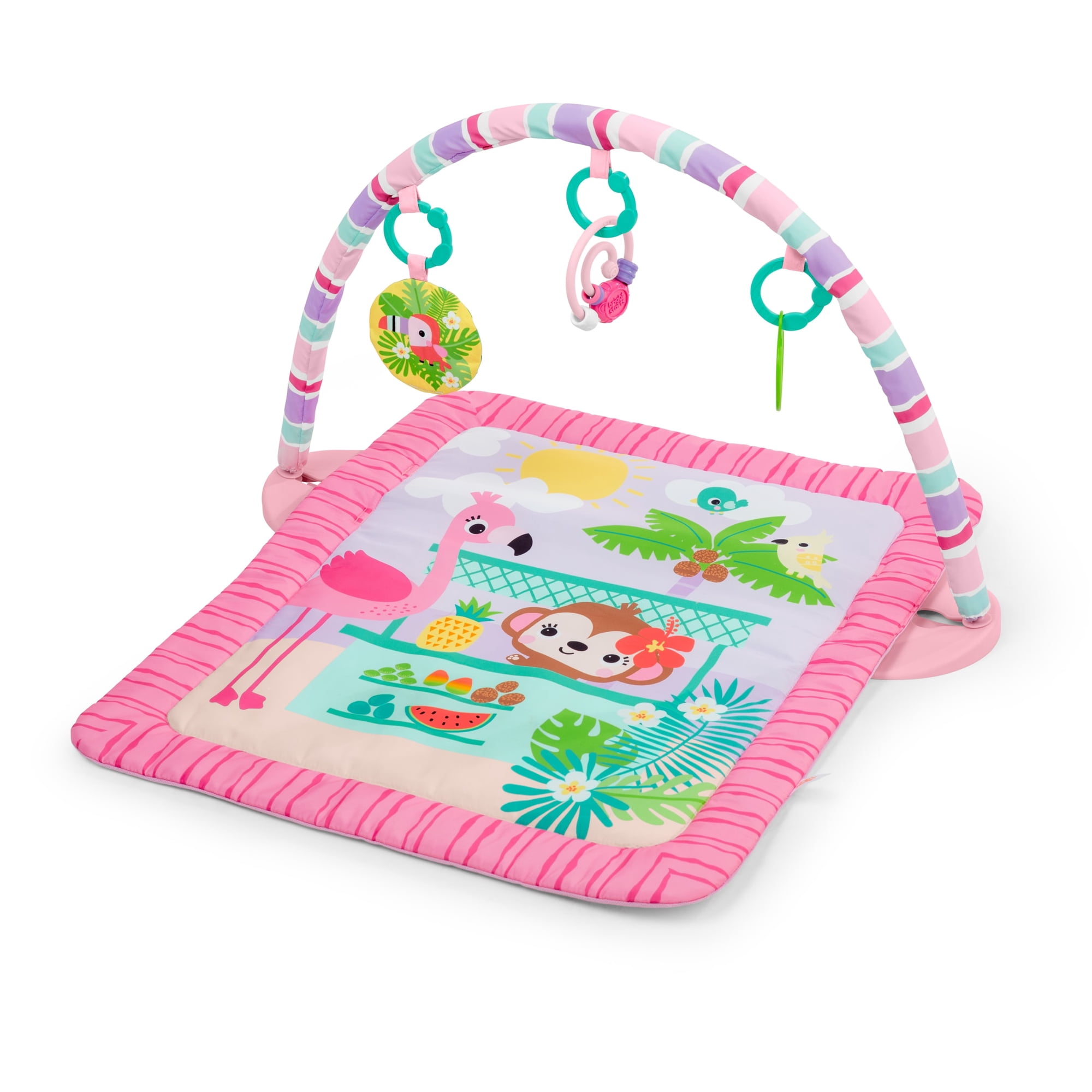 Bright Starts Pink Palms Tiki Toy Bar Baby Activity Gym & Tummy Time Mat with Toy Bar and 3 Toys, Newborn to 3 Years