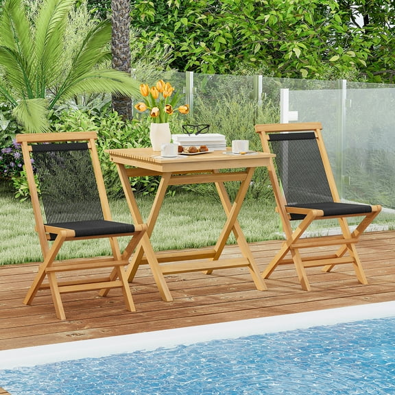 Gymax 3-Piece Patio Bistro Set Teak Wood Square Coffee Table & Folding Chairs Set of 2
