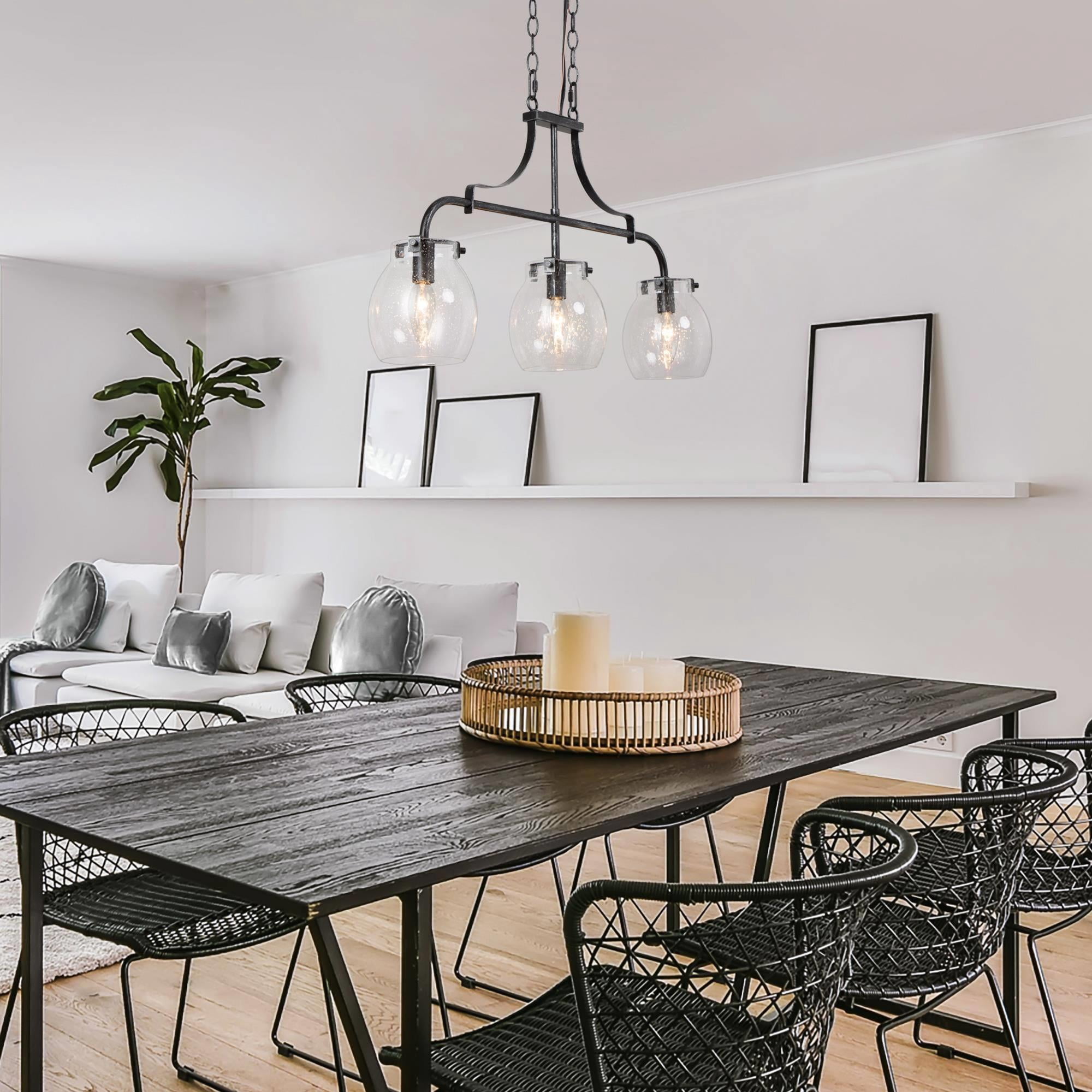 LNC 3-Light Mottled Black Linear LED Pendant with Seeded Glass for Kitchen Island