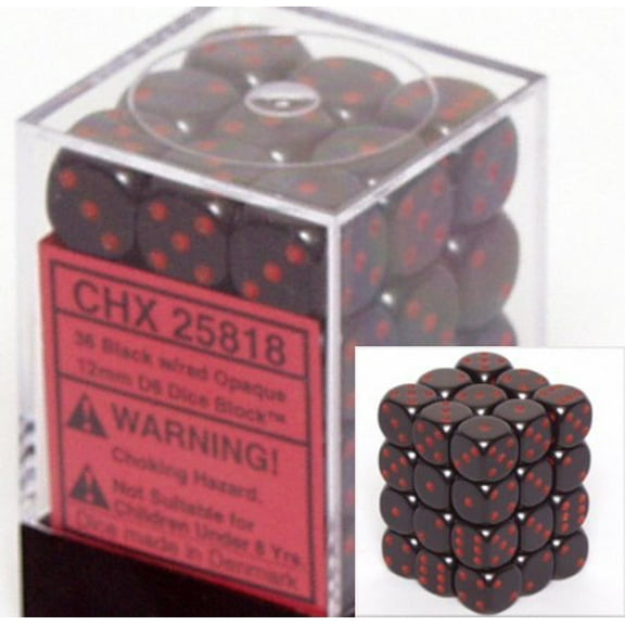Chessex Opaque 12mm d6 Black w/Red Dice Block 36 Dice