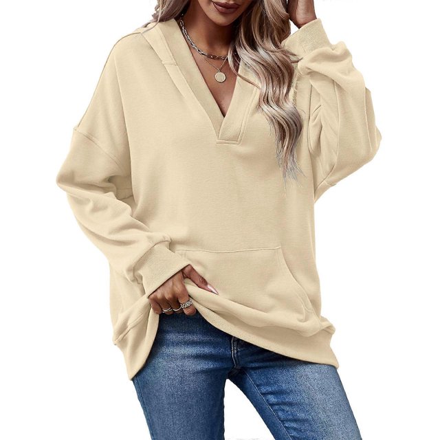 Womens Hooded Shirts Casual Loose Fashion Solid Color V-Neck Long Sleeve Fall Pullover Blouse Top brown XXL