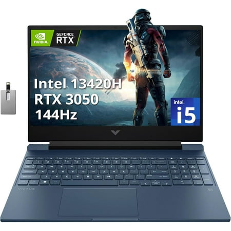 HP Victus Gaming Laptop, 15.6" FHD 144Hz IPS Display, Intel Core i5-13420H, NVIDIA GeForce RTX 3050, 16GB RAM, 512GB PCIe SSD, Backlit Keyboard, Wi-Fi 6, HD Camera, Win 11 Pro, Hotface 32GB USB Card