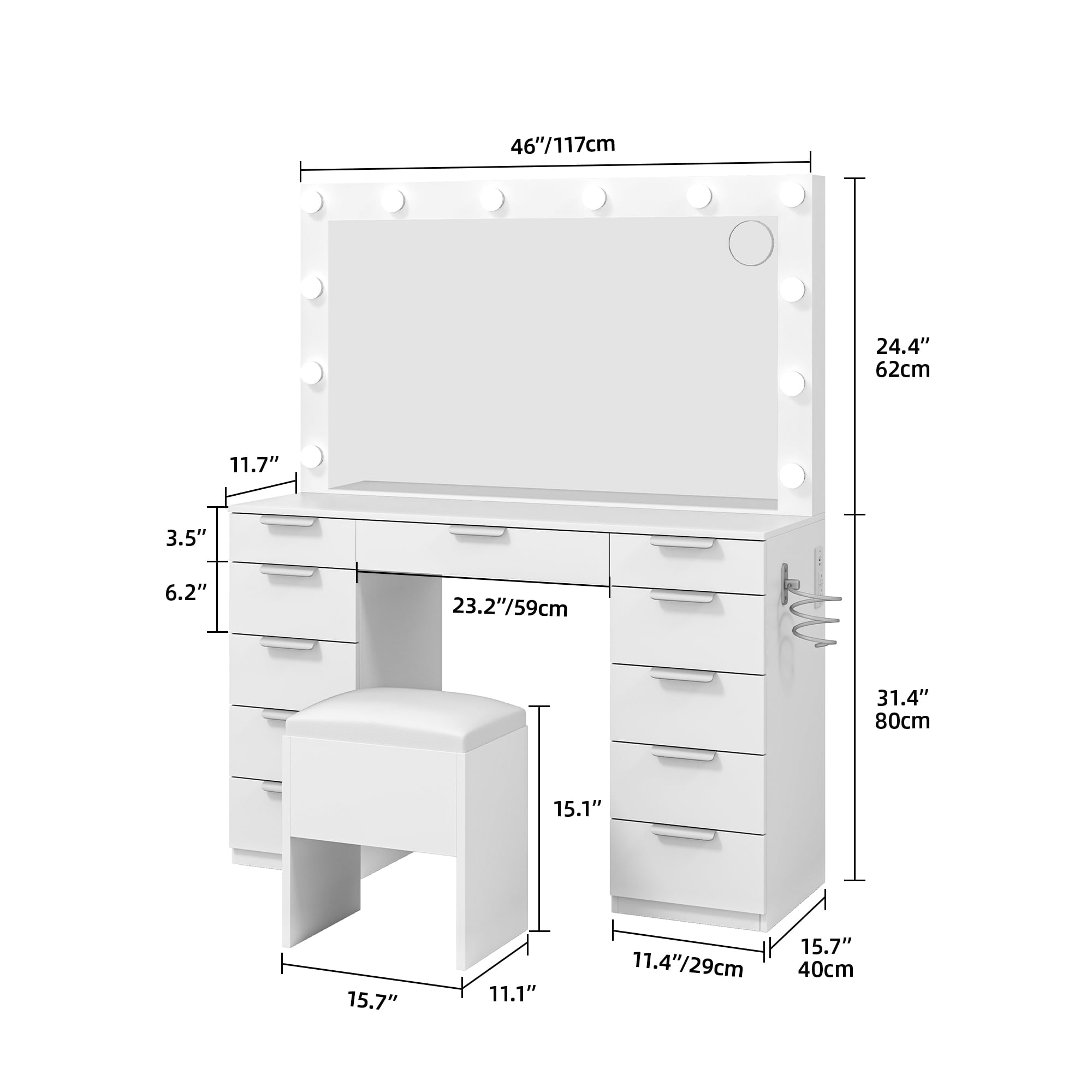 Uforic Adults Vanity Desk Set – Mirror, 3-Mode Lights, Charging Station, 11 Drawers & Bench in White