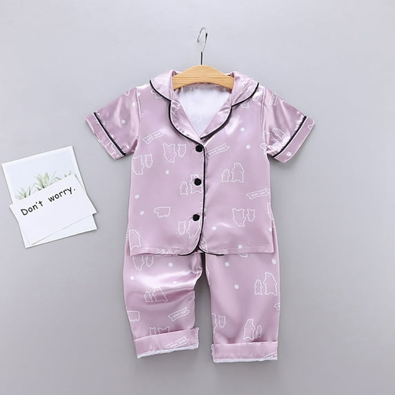 Uccdo Summer Toddler Boys Girls Pajamas Kids Milk Silk Short Sleeve Blouse Tops+Long Pants Sleepwear Set 1-6T
