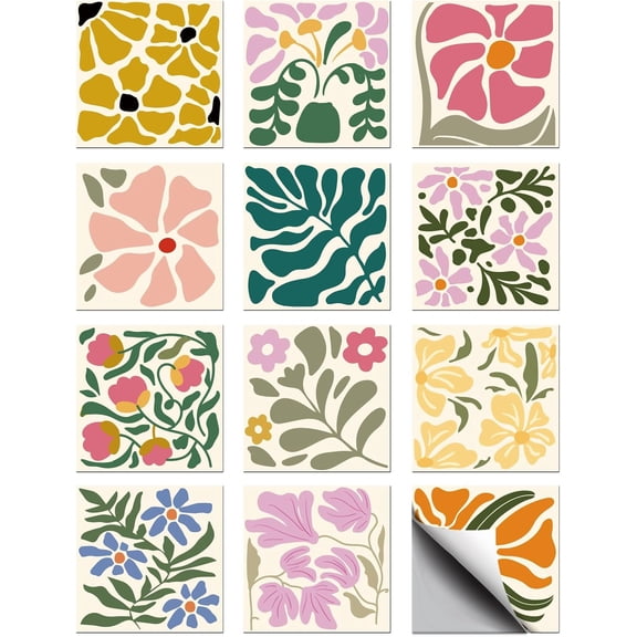 36 Pcs 12 Style Tile Stickers Colorful Abstract Flowers Peel and Stick Wall Tile Stickers Artistic Flowers Waterproof Self Adhesive Stick on Tiles Decals for Kitchen Bathroom Wall 4×4 Inch