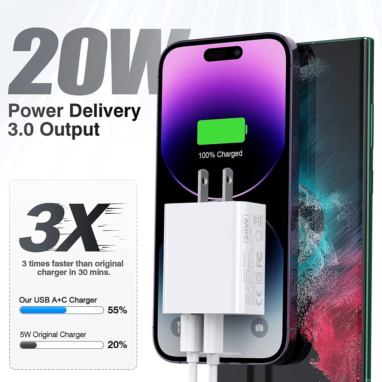 for iPhone 16 Fast Charger, 20W USB C and Usb A Charger for ipad Charger Block with 10ft Type C  Cord for iPhone16/15/Plus/Pro/Max,For ipad 13/12.9/11/10.9/Air 6/5/4/Mini 6th 8.3 Inch,for Samsung