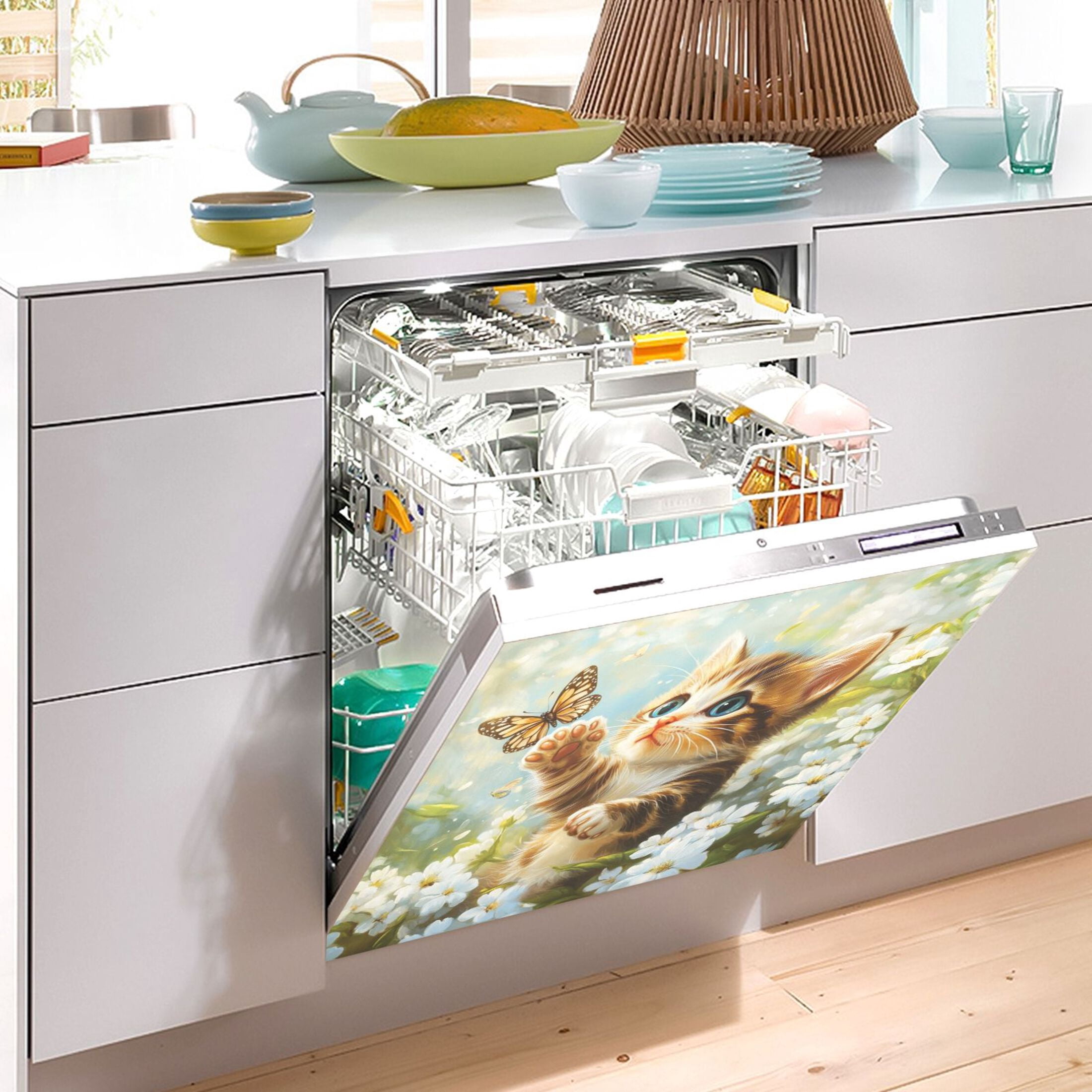 Dishwasher Magnetic Sticker 23x26 Inch Refrigerator Magnetic Sticker Washing Machine Magnetic Sticker Kitchen Panel Magnetic Sticker Home Decor Cat Butterfly Play