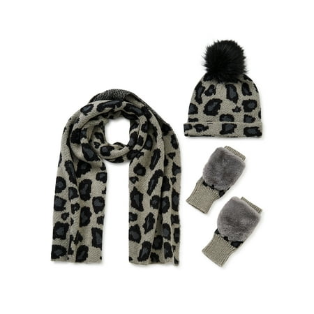 Scoop Women's Glam Faux Mohair Cheetah Beanie, Flip Top Mittens & Scarf, 3-Piece Set